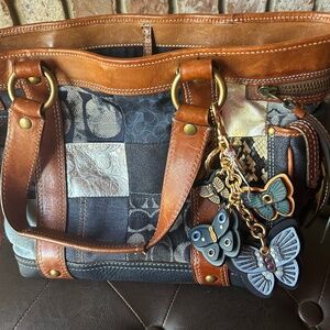 Coach Limited Edition Denim Patchwork Tote 10002 & Butterfly Cluster Bag Charm
